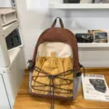 Casual color-block backpack with drawstring, large capacity outdoor travel school bag. - S / Brown