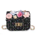Cute kids tweed shoulder bag for little girls with pearls and fabric flowers, sweet style mini purse. - Black 2