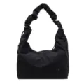 Black nylon hobo shoulder bag with scrunchie strap, casual minimalist crossbody tote. - Black