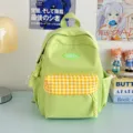 Lässiger grüner Mini-Rucksack mit gelb-weiß karierter Vordertasche, süßer Campus-Schulrucksack. - Grün