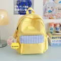 Cute yellow canvas backpack for women school bag daily casual mini daypack plaid pocket - Yellow with Pendant