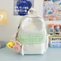 White mini backpack for women, cute green plaid school bag with cherry charm and fashion patch. - White with Pendant