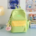 Cute light green mini backpack with yellow checkered pocket, trendy ins style schoolbag for girls. - Green with Pendant
