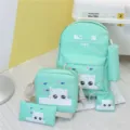Minzgrünes niedliches Katzen Leinwand Schulrucksack Set vierteilig für den Schüleralltag. - Grün