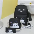 Schwarzer Canvas Schulrucksack Set mit süßem Katzenprint, mehrteiliges Set für den Alltag. - Schwarz