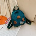 Dark green corduroy mini backpack, cute cartoon animal design, casual student daypack style. - S / Green