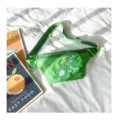 Green cartoon dinosaur fanny pack detail, cute embroidered design with adjustable strap. - S / Green