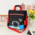 Black canvas kids shoulder bag with red strap, cute astronaut rocket print school bag. - Black Astronaut
