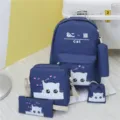 Blauer süßer Katzen Cartoon Schulrucksack Set mehrteilige Segeltuch Tasche für Studenten. - Dunkelblau