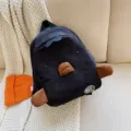 Cute mini corduroy backpack cartoon animal style dark blue casual student daypack bag - L / Black