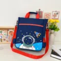Kids cute canvas shoulder bag with astronaut cartoon print, red straps, blue variant. - Blue Astronaut