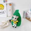 Borsa a tracolla in tela verde per bambini con graziosa bambola di mucca di peluche, mini borsa casual. - Mucca Verde