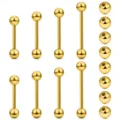 Gold stainless steel straight barbell body piercing jewelry and spare balls set for nipple tongue. - 1.6mm(14g) / Gold