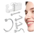 Kit de pistola de perforación de nariz desechable con aros de acero y tachuelas de cristal. - Estilo F (Kit Básico de Acero Inoxidable)