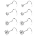 Detailed view of surgical steel crystal nose studs, sparkling cubic zirconia detail. - Curved Barbell / 8 Pieces/Pack / Silver