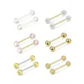 Stainless steel tongue nipple barbell body piercing jewelry detail view and multi-style set display. - Style D / Set of 12