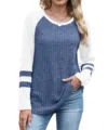 Women long sleeve color block knit top casual round neck pullover sweater fall fashion basic shirt - S / Tops / Blue