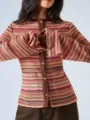 Top cardigan de rayas slim de otoño para mujer con mangas largas acampanadas - S / Rojo