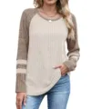 Women's casual color block long sleeve ribbed knit sweater round neck pullover top detail view - S / Tops / Khaki
