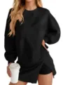 Black crewneck sweatshirt and skirt set, casual long sleeve two-piece outfit for autumn. - S / Set / Black