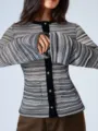 Cárdigan de punto ajustado de otoño para mujer con rayas y mangas acampanadas detalle. - S / Negro