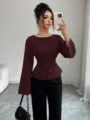 Detailed view of women stripe long sleeve peplum blouse, casual round neck stylish fall shirt top - S / Tops / Burgundy
