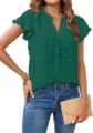 Close-up detail of the dark green V-neck swiss dot blouse sleeve and texture fabric. - Dark Green