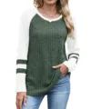 Long sleeve colorblock ribbed knit sweater with classic crewneck and striped sleeve details. - S / Tops / Green