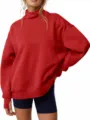 Detailed view of the red mock neck oversized sweatshirt, featuring comfortable long sleeves. - S / Red