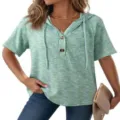 Summer women's short sleeve hooded waffle knit top v-neck button casual t-shirt. - S / Tops / Green