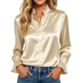 Womens satin long sleeve blouse with elegant ruffled collar and cuffs for casual work wear. - S / Apricot