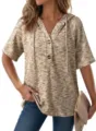 Detailed view of the women's short-sleeve waffle knit hooded V-neck top with buttons. - S / Tops / Apricot