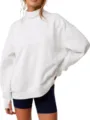 Close-up detail of a solid color mock neck loose pullover sweatshirt in white, soft fabric. - S / White