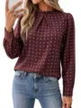 Schicke Damen Langarm Polka Dot Bluse mit Stehkragen, elegante lässige Hemd Oberteile. - S / Burgunderrot