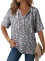 Waffle knit short sleeve hooded top for women, featuring a button V-neck and stylish drawstring. - Black