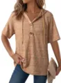 Women short sleeve waffle knit hoodie summer casual V-neck button drawstring top. - S / Tops / Brown