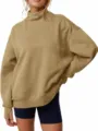 Casual oversized mock neck sweatshirt for women, solid khaki long sleeve pullover top. - S / Khaki