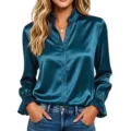Elegant satin long sleeve blouse featuring a stylish ruffle collar and cuffs for women. - S / Blue