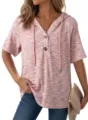 Casual women summer waffle knit V-neck short sleeve hooded top with buttons and drawstring. - S / Tops / Pink