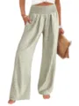High-waisted green gingham wide-leg pants detail, featuring smocked elastic waist and pockets. - Yellow-Green