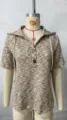 Women Summer Waffle Knit Short Sleeve Hoodie V-Neck Drawstring Button Top Casual - Real Photo