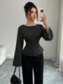 Women striped long sleeve blouse elegant casual round neck slim fit autumn top black - S / Tops / Black