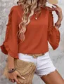 Chic orange round neck ruffle sleeve blouse top, stylish summer casual wear for women. - Orange