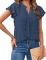 Women Summer V-Neck Swiss Dot Short Sleeve Ruffle Blouse Casual Chic Elegant Top - Blue