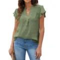 Green V-neck Swiss dot flutter sleeve chiffon blouse detail, elegant summer top for women. - S / Army Green