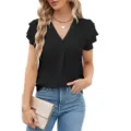 Chic blusa de gasa negra con cuello en V, mangas cortas con volantes y estilo elegante. - S / Negro