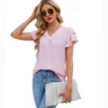 Blusa de gasa con volantes de manga corta y cuello en V rosa top de moda de verano - S / Rosa Claro