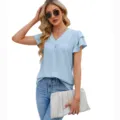 Mujer Cuello V Volantes Manga Corta Gasa Blusa Verano Casual Elegante Top Azul Claro - S / Azul cielo