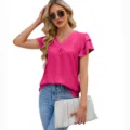 Chemisier Femme Col V Volants Manches Courtes Chiffon Élégant Haut D'été Casual Top - Rose rouge