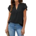 Women Summer V-Neck Short Sleeve Swiss Dot Chiffon Blouse Casual Ruffle Sleeve Top - Black